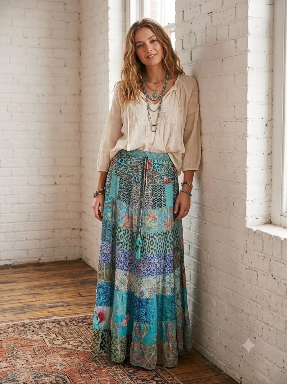 Boho Cottagecore Patchwork Maxi Skirt Size Medium Festival Indie - Picture 1 of 9